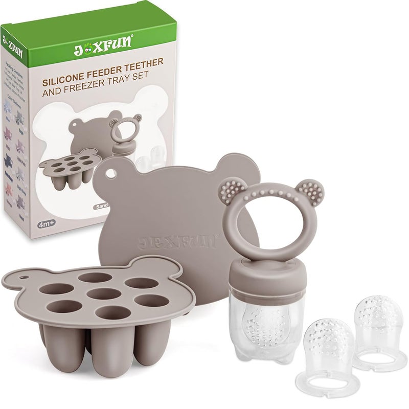 JEXFUN Silicone Baby Fruit Food Feeder Pacifier & Breastmilk Popsicle Freezer Molds, Double as Baby Teething Toys, Freezable Feeding Set for Breast Milk Ice Cubes, Food, Vegetable Purees - (Sand) - Image 1